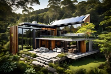 A modern house nestled amidst lush greenery boasts a sustainable and eco-friendly design with solar panels installed on its roof