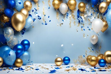 New Year's Eve card with an opulent display of golden and blue metallic balloons .