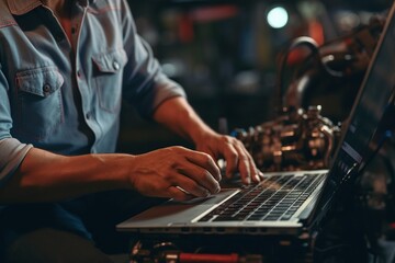 Auto mechanic using laptop while working on car diagnostic in garage, Modern car diagnostic program. Professional mechanic repairs truck engine. Repair service. ai generative