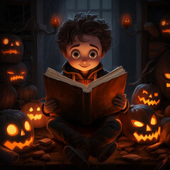 A Boy Surrounded by Jack-O-Lanterns Reading a Book