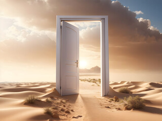 An open door in the unknown place. The dust is blown into the air