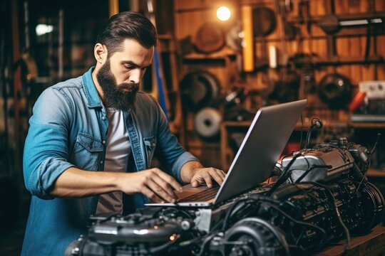Auto mechanic using laptop while working on car diagnostic in garage, Modern car diagnostic program. Professional mechanic repairs truck engine. Repair service. ai generative