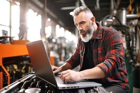 Auto mechanic using laptop while working on car diagnostic in garage, Modern car diagnostic program. Professional mechanic repairs truck engine. Repair service. ai generative