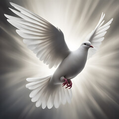 A single white dove glides gracefully against a dark backdrop, its wings outstretched in a gesture of hope and 1 unity.