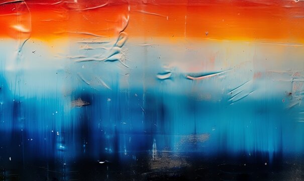 Distressed overlay. Dust scratches texture. Creased old film noise. Orange blue white rainbow color glow on dark wrinkled uneven abstract background, Generative AI