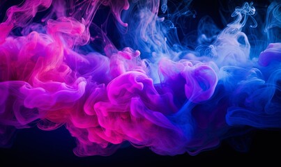 Fototapeta na wymiar Color explosion. Fluorescent background. Paint in water. Vibrant smoke cloud texture. Glowing neon blue magenta pink steam splash on dark, Generative AI