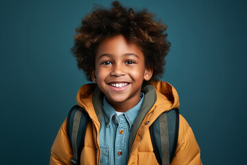 happy african american schoolboy in outwear with backpack is ready to go to school for education.