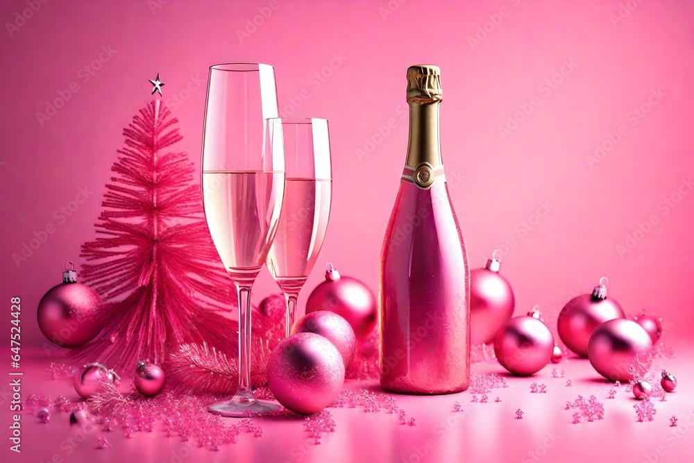 Poster pink champagne bottle on pink background with some pink christmas tree balls. neural network generat