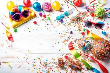 Fototapeta na wymiar Party carnival birthday celebration background with colorful streamer sunglasses confetti hat lolly pop on white wooden table