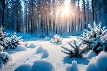 Winter. Christmas background. Snowflakes fall on snow in frosty forest. Snowy winter morning sunrise