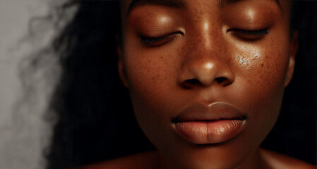 Portrait of African Americal Woman &middot; Closeup with bare Skin in Peaceful State of Mind &middot; Black Background &middot; Skin Texture and Imperfections