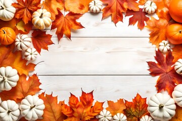 Obraz premium Autumn top border of orange, white and striped pumpkins on a white wood background. Top view with copy space