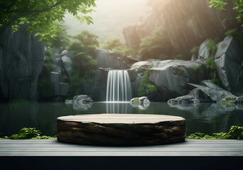natural stone podium with a backdrop of  nature, lakes, and waterfalls for product presentation