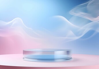 elegant glass podium with blue and pink pastel concept background with natural smoke in the air. 3D render for product display