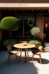 Japan, terrace, food, desert, teahouse plant eating and drinking space outside the store, trees, round table, wooden round table around trees