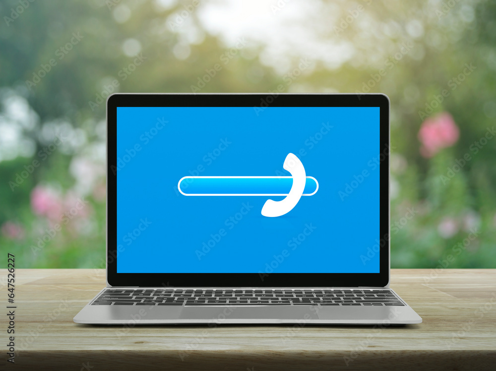 Poster phone icon with copy space for add your phone number on modern laptop computer monitor screen on woo