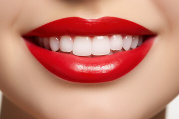 Woman's smiling mouth with white teeth and bright red lipstick