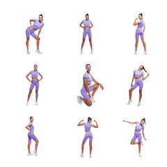 Fototapeta na wymiar Beautiful slender woman in purple sportswear in different poses. Sports, activity and energy. Isolated on a white background. Collage, set. Square format.