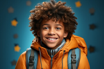happy african american schoolboy in outwear with backpack is ready to go to school for education.