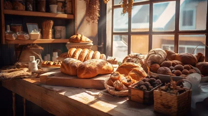 Tuinposter Confectionery bakery with showcases and fresh pastries in the rays of sunlight © AlexanderD