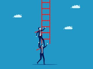 Partners help achieve goals. Businessman colleagues support him to climb the stairs. vector