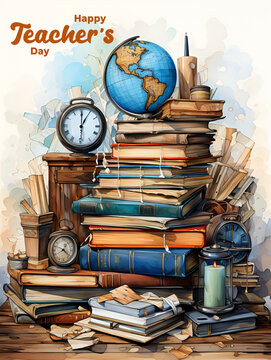 Happy Teacher's Day poster with images of stacks of books, globes, pens and other writing utensils. Generative AI.