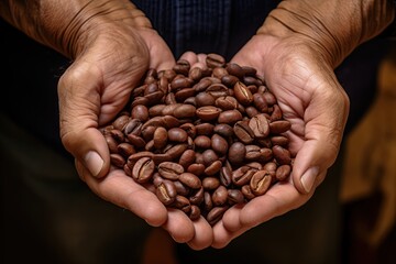 A man's hand showcases an array of freshly roasted coffee beans