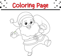Happy Christmas Santa coloring page for kids. Black and white illustration for coloring book.