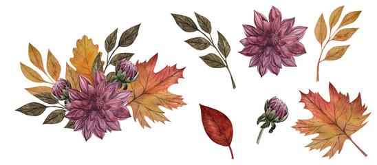 Watercolor illustration, composition with red dahlia, autumn fallen leaves. Isolated clipart for harvest illustration design, Thanksgiving, card design, patterns, scrapbooking, fabric or promotioms
