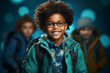 happy african american schoolboy in outwear with backpack is ready to go to school for education.