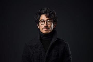 Portrait of a smiling Asian businessman wearing glasses and black sweater with looking at the camera in confidently while standing alone in a dark wall background.