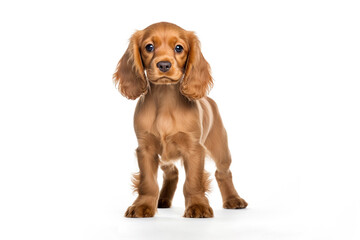 a long hair puppy Cocker Spaniel dog in front of a white background. 