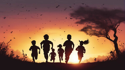 Silhouette of children running on the village road.