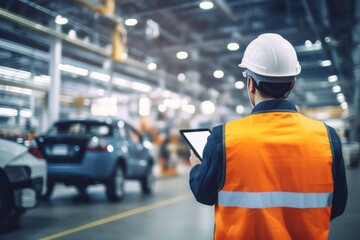 Obraz premium Male Mechanic Uses a Tablet Computer with an Augmented Reality Diagnostics Software. Specialist Inspecting Car. Generative Ai. 