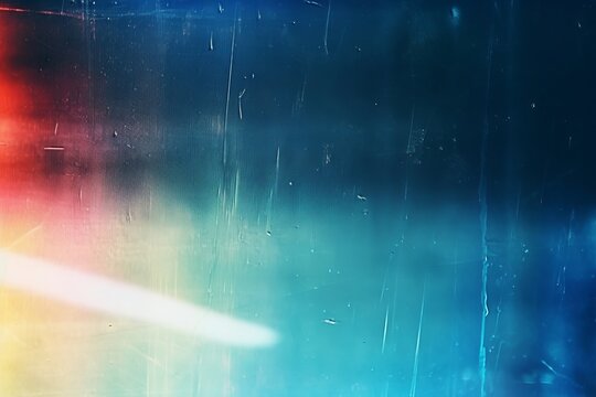 Dust scratches overlay. Old film effect. Blue distressed faded glass with smeared dirt stains colorful rainbow lens flare design, Generative AI