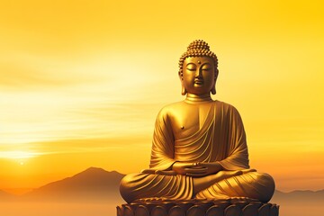 Buddha statue with aura on yellow sky background