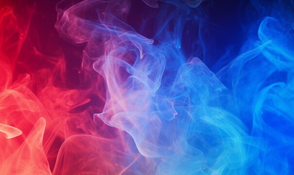 Color smoke abstract background. Cold hot. Ice fire flame. Defocused blue red contrast paint splash light glowing vapor floating cloud texture, Generative AI