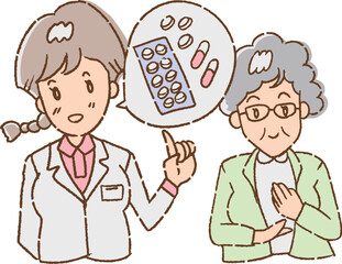 薬の説明を受けるおばあさん