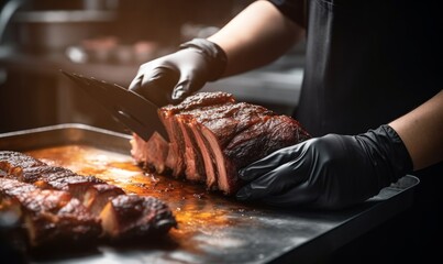 Grill restaurant kitchen. Chef in black cooking gloves using knife to cut smoked pork ribs,...