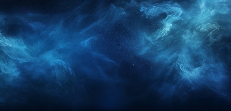 Glitter mist abstract background. Ink water splash. Sky haze wave. Blue color glowing shimmering dust particles texture vapor cloud floating on dark, Generative AI