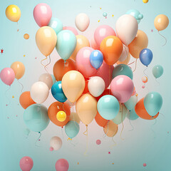 birthday ballon pastel color in blue background, 3d style, generative AI