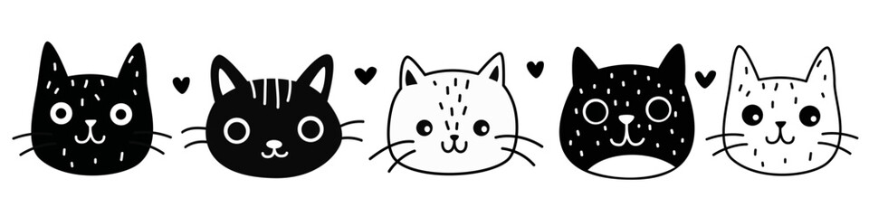 A set of cute vector illustrations. Cute faces of kittens in black and white colors in linear style. Simple children's illustrations. Vector illustration