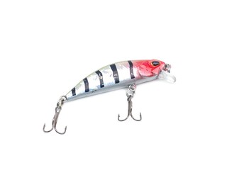 Picture of colorful fish shaped plug baits with 3 way hooks. Fishing equipment isolated on white...
