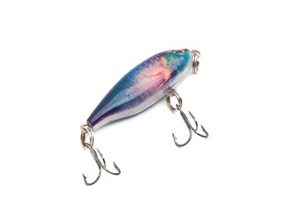 Picture of colorful fish shaped plug baits with 3 way hooks. Fishing equipment isolated on white background.