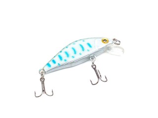 Picture of colorful fish shaped plug baits with 3 way hooks. Fishing equipment isolated on white...