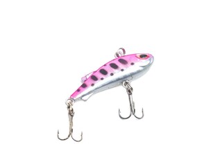 Picture of colorful fish shaped plug baits with 3 way hooks. Fishing equipment isolated on white...
