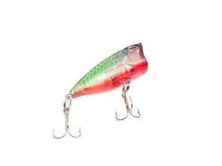 Picture of colorful fish shaped plug baits with 3 way hooks. Fishing equipment isolated on white background.