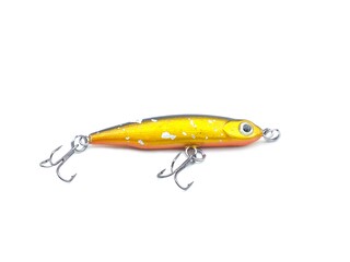 Picture of colorful fish shaped plug baits with 3 way hooks. Fishing equipment isolated on white background.