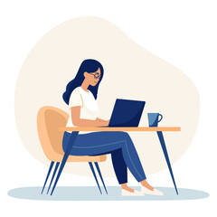 Flat vector illustration. Young girl working at the computer. Home office, flowers in pots . Vector illustration