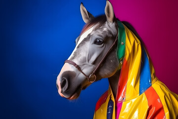 Portrait of a horse wearing a raincoat and an umbrella in studio, colorful background. Autumn concept. Generative AI